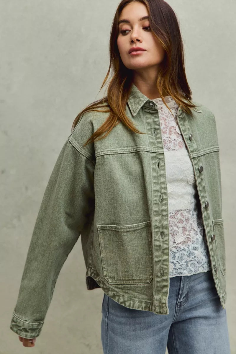 SO ME Vintage Washed Button Twill Shacket in - photo