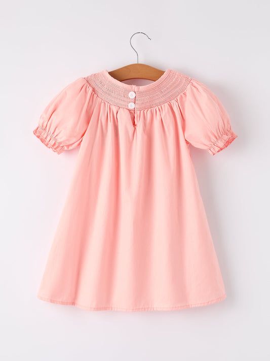 Girls Horse Smocking Embroidered Coral Dress -