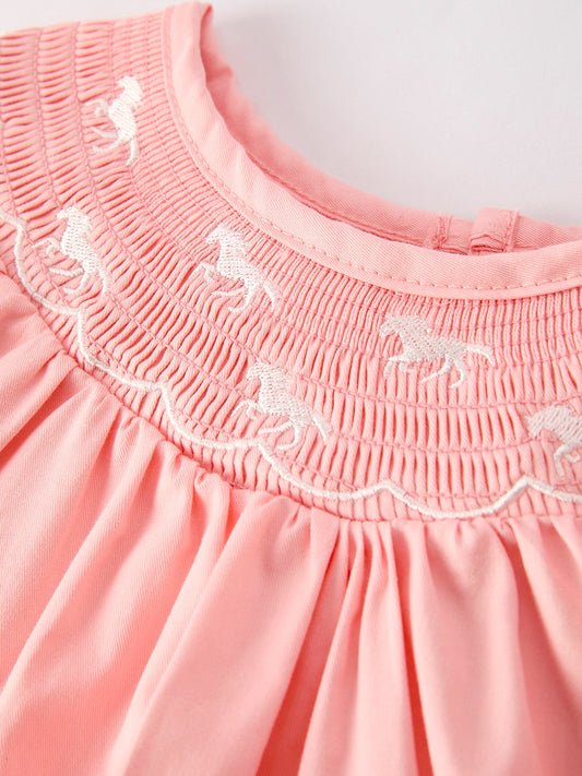 Girls Horse Smocking Embroidered Coral Dress -