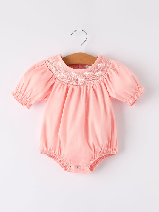 Girls Horse Smocking Embroidered Coral Romper -