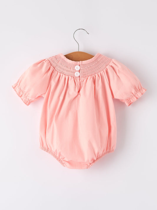 Girls Horse Smocking Embroidered Coral Romper -