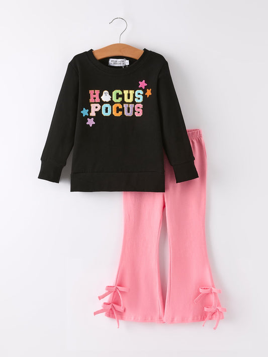 Halloween Black Top + Pink Bell Bottoms -