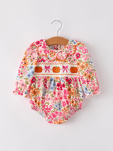 Fall Halloween & Thanksgiving Pumpkin Bow Smock Embroidered Floral Baby Girl Romper