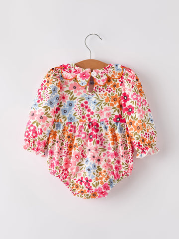 Fall Halloween & Thanksgiving Pumpkin Bow Smock Embroidered Floral Baby Girl Romper