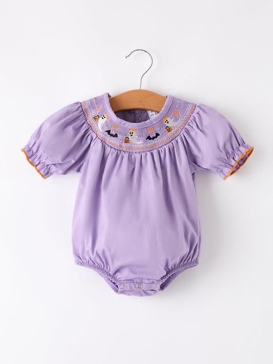 Purple Halloween Smock Embroidery Baby Girl Romper -