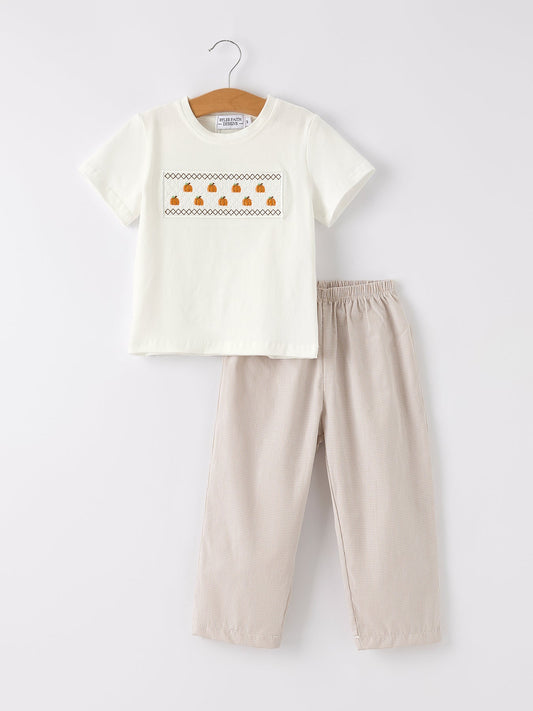 Halloween & Thanksgiving Pumpkin Smock Embroidered Plaid Boys 'Set -