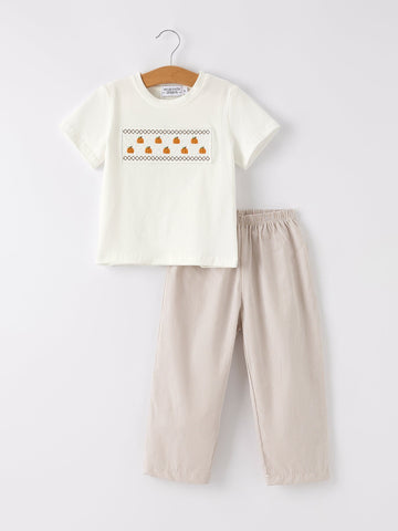Halloween & Thanksgiving Pumpkin Smock Embroidered Plaid Boys 'Set