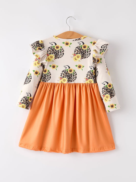 Thanksgiving Pumpkin Leopard Floral Print Girls Dress -