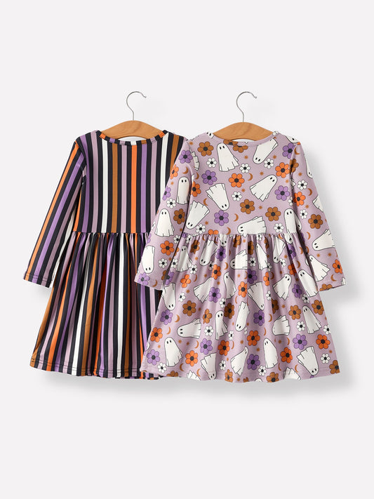 2 Piece Halloween Ghost Striped Girls Dress Set -