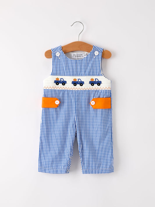 Fall Thanksgiving & Halloween Truck Smock Embroidery Baby Boy Romper -