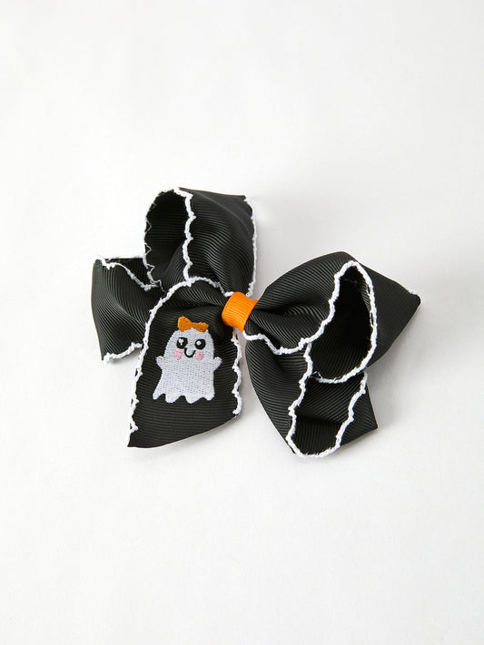 Halloween Ghost Embroidered Black Bow Hairpin -