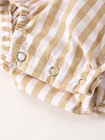 Fall Thanksgiving Lapel Plaid Chick Embroidery Smocking Bow Baby Girls Romper