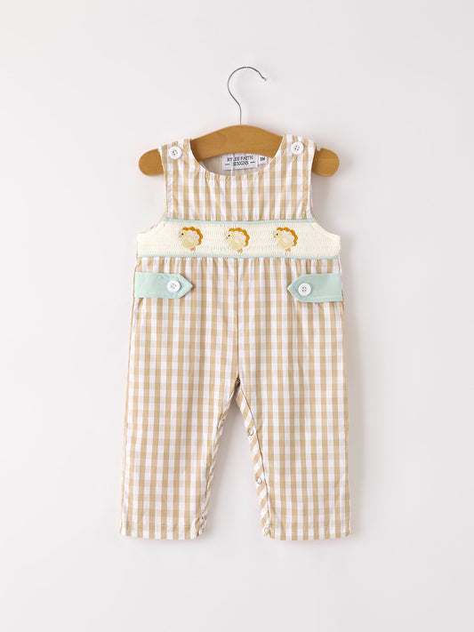 Fall Thanksgiving Apricot Plaid Chick Embroidery Smocking Baby Boys Romper -