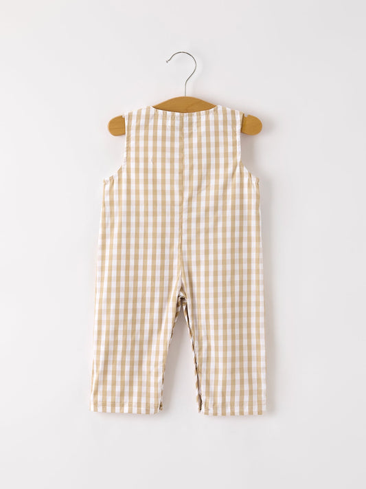 Fall Thanksgiving Apricot Plaid Chick Embroidery Smocking Baby Boys Romper -