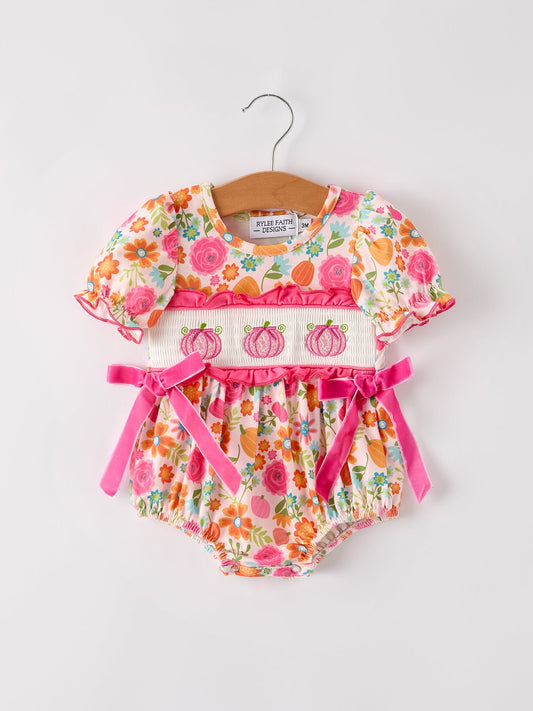 Autumn Halloween Thanksgiving Pumpkin Embroidery Smock Floral Girls Romper -