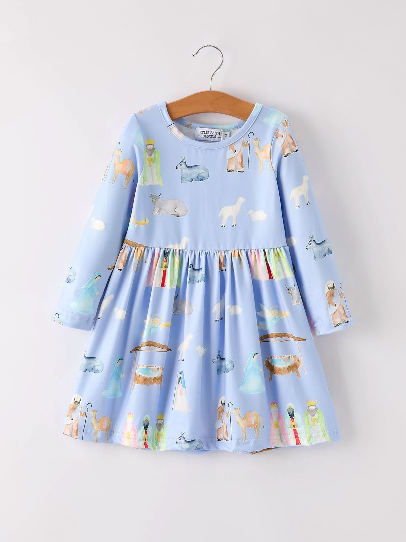 Winter Christmas Nativity Print Girls Long Sleeve Dress -