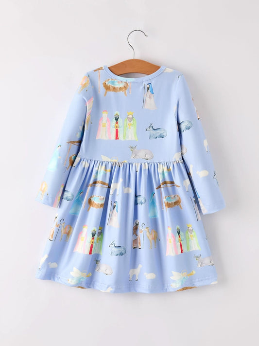 Winter Christmas Nativity Print Girls Long Sleeve Dress -
