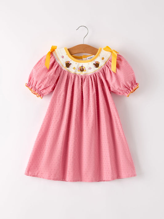 Fall Thanksgiving Turkey Leaf Embroidery Smocking Bow Girls Dress -