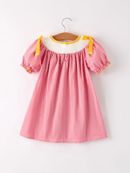 Fall Thanksgiving Turkey Leaf Embroidery Smocking Bow Girls Dress -