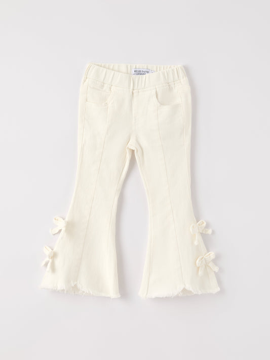 Charming White Denim Pants with Cute Bows -