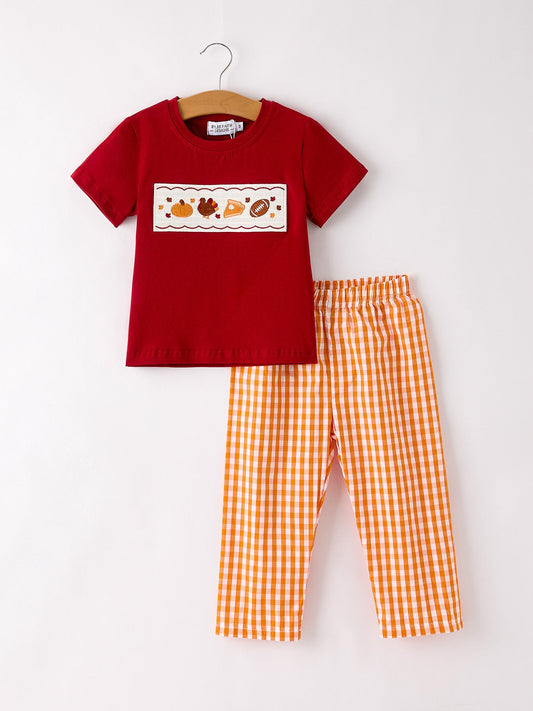 Fall Turkey Embroidered Boy Set – Orange Checkered with Thanksgiving Details -