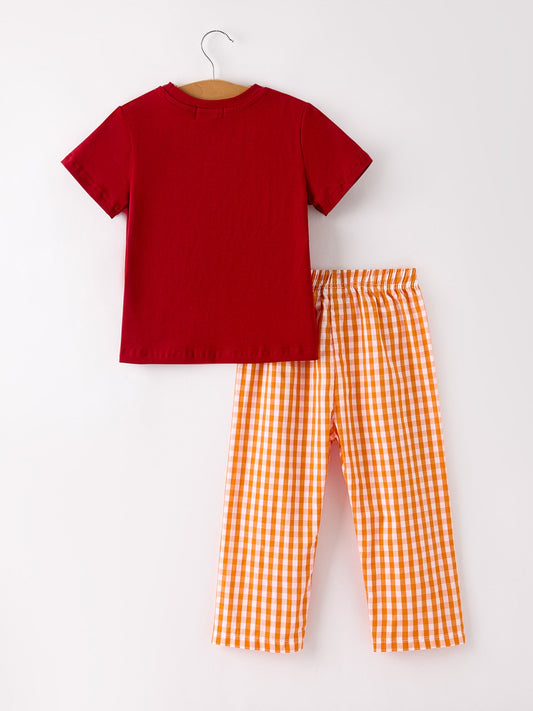 Fall Turkey Embroidered Boy Set – Orange Checkered with Thanksgiving Details -