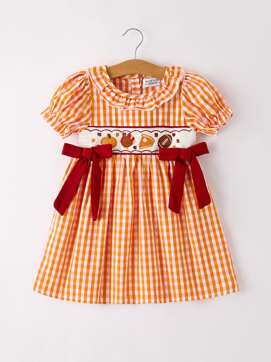 Fall Turkey Embroidered Dress for Girls – Orange Checkered with Thanksgiving Details -