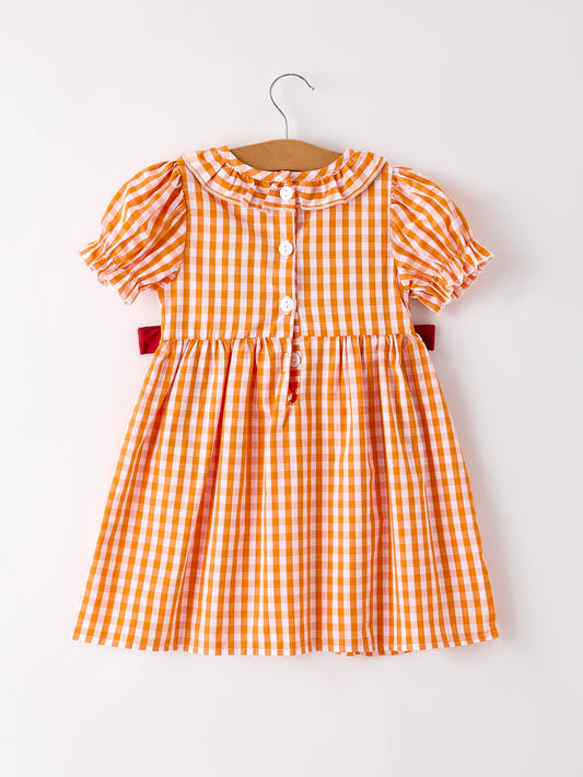 Fall Turkey Embroidered Dress for Girls – Orange Checkered with Thanksgiving Details -