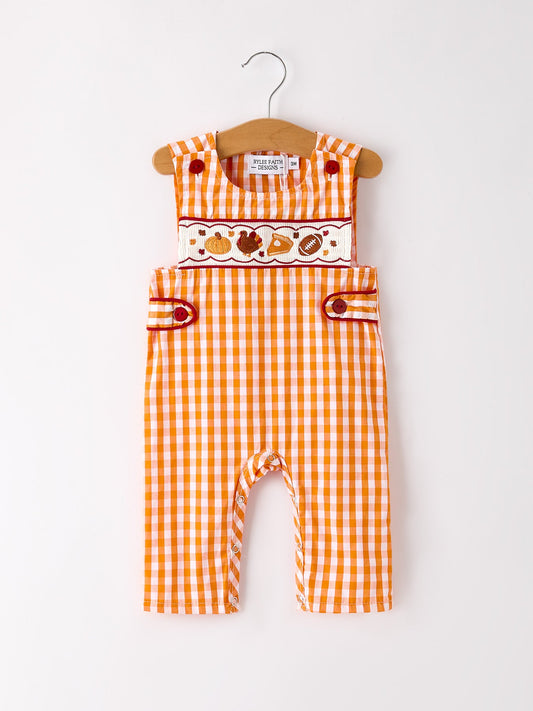 Fall Turkey Embroidered Romper for Baby Boys – Orange Checkered with Thanksgiving Details -