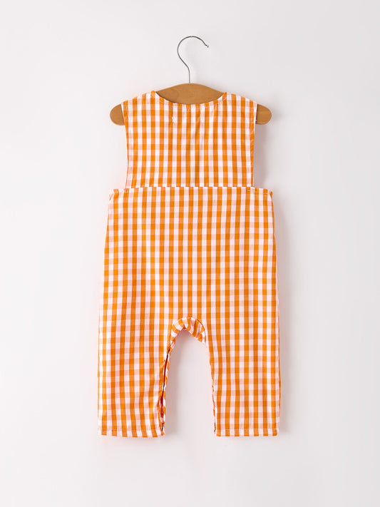 Fall Turkey Embroidered Romper for Baby Boys – Orange Checkered with Thanksgiving Details -
