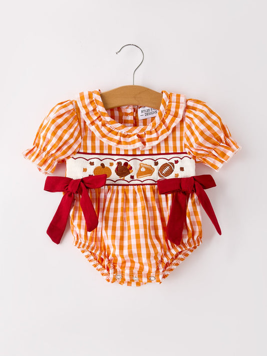 Turkey Fall Embroidered Romper for Baby Girls – Orange Checkered with Thanksgiving Details -