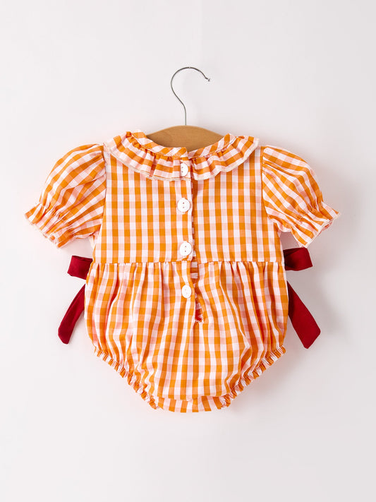 Turkey Fall Embroidered Romper for Baby Girls – Orange Checkered with Thanksgiving Details -