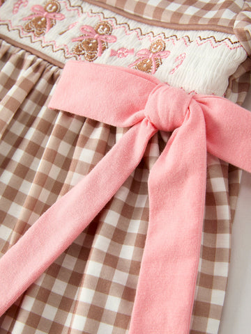 Christmas Vintage-Style Plaid Dress with Embroidered Gingerbread and Bows