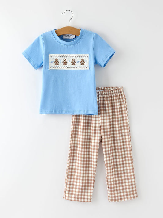Christmas Vintage-Style Embroidered Gingerbread Plaid Boys Set -