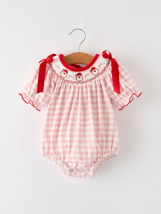 Pink Gingham Christmas Baby Girls Romper: Santa Embroidery with Red Satin Ribbon -