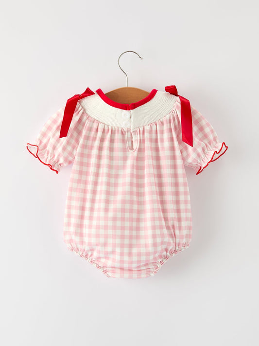 Pink Gingham Christmas Baby Girls Romper: Santa Embroidery with Red Satin Ribbon -