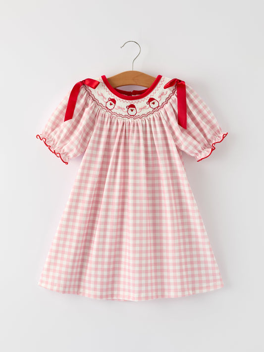 Pink Gingham Christmas Girls Dress: Santa Embroidery with Red Satin Ribbon -