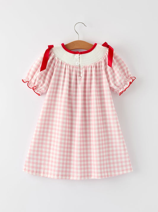 Pink Gingham Christmas Girls Dress: Santa Embroidery with Red Satin Ribbon -