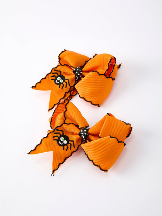Halloween Spider Hair Bows: Orange Ribbon Design (2PCS) -