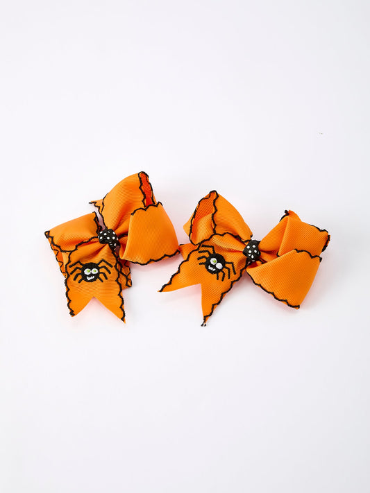 Halloween Spider Hair Bows: Orange Ribbon Design (2PCS) -