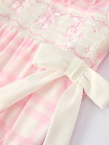 Fall Pink Plaid Ruffle Ballet Shoe Embroidery Long Sleeve Romper