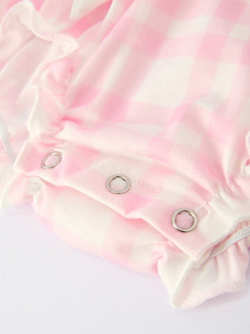 Fall Pink Plaid Ruffle Ballet Shoe Embroidery Long Sleeve Romper