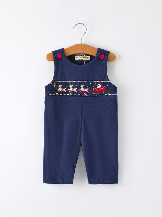 Christmas Holiday Celebration Baby Boys Romper: Navy with Santa Sleigh -