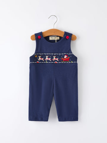 Christmas Holiday Celebration Baby Boys Romper: Navy with Santa Sleigh