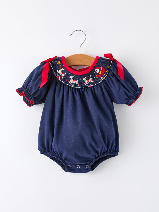 Christmas Holiday Celebration Baby Girls Romper: Navy with Santa Sleigh -