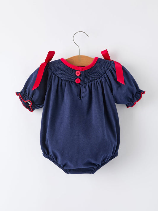 Christmas Holiday Celebration Baby Girls Romper: Navy with Santa Sleigh -