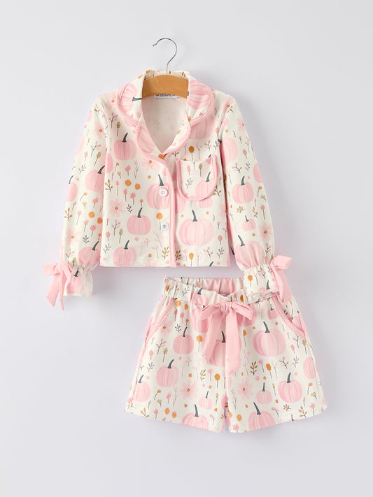 Thanksgiving Pink Pumpkin Floral Print Pajama Set -