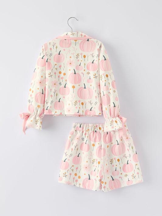 Thanksgiving Pink Pumpkin Floral Print Pajama Set -