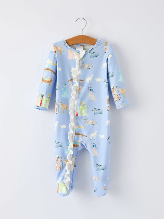 Blue Christmas Nativity Pattern Baby Girls Romper with Ruffles -