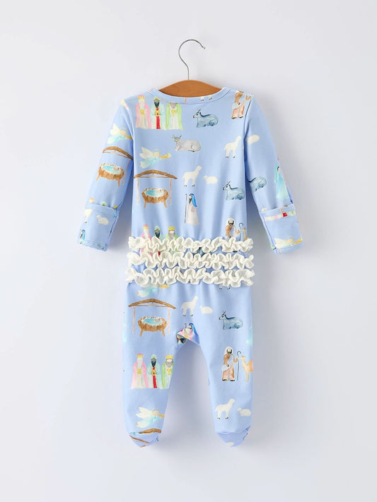 Blue Christmas Nativity Pattern Baby Girls Romper with Ruffles -